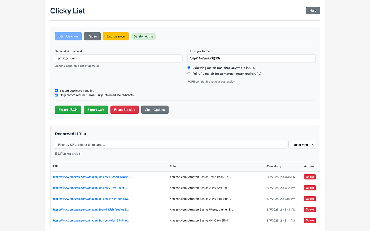Clicky List showing collected URLs with export options