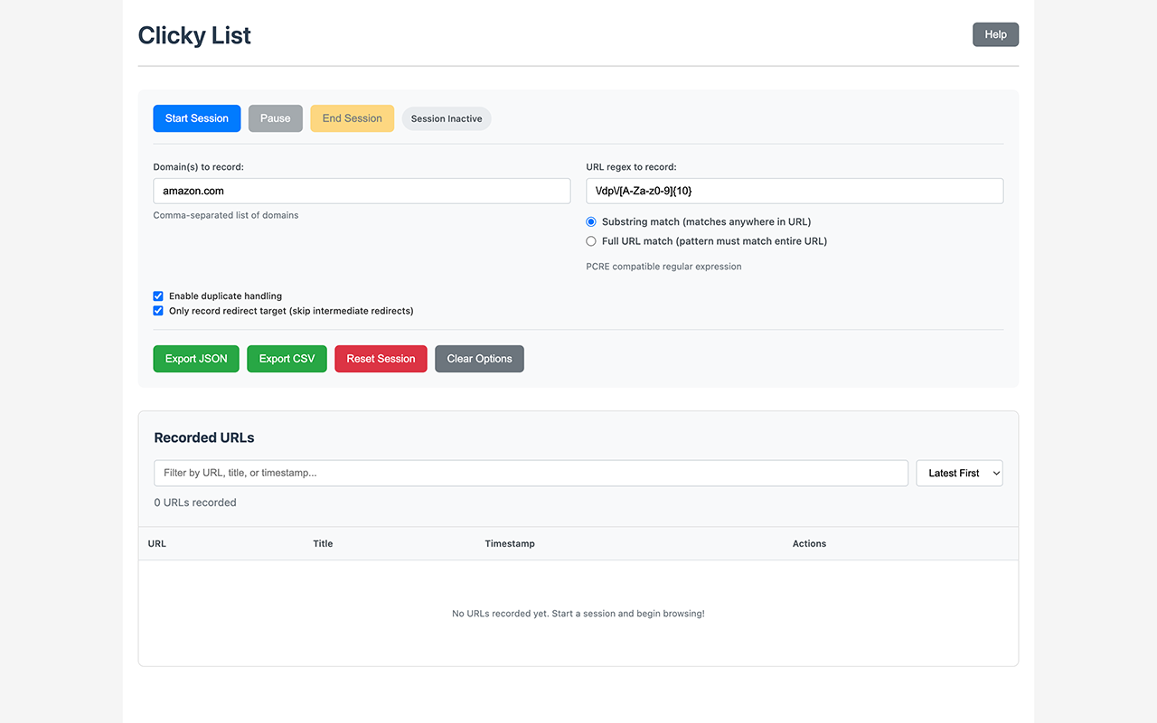 Clicky List main interface showing URL tracking options